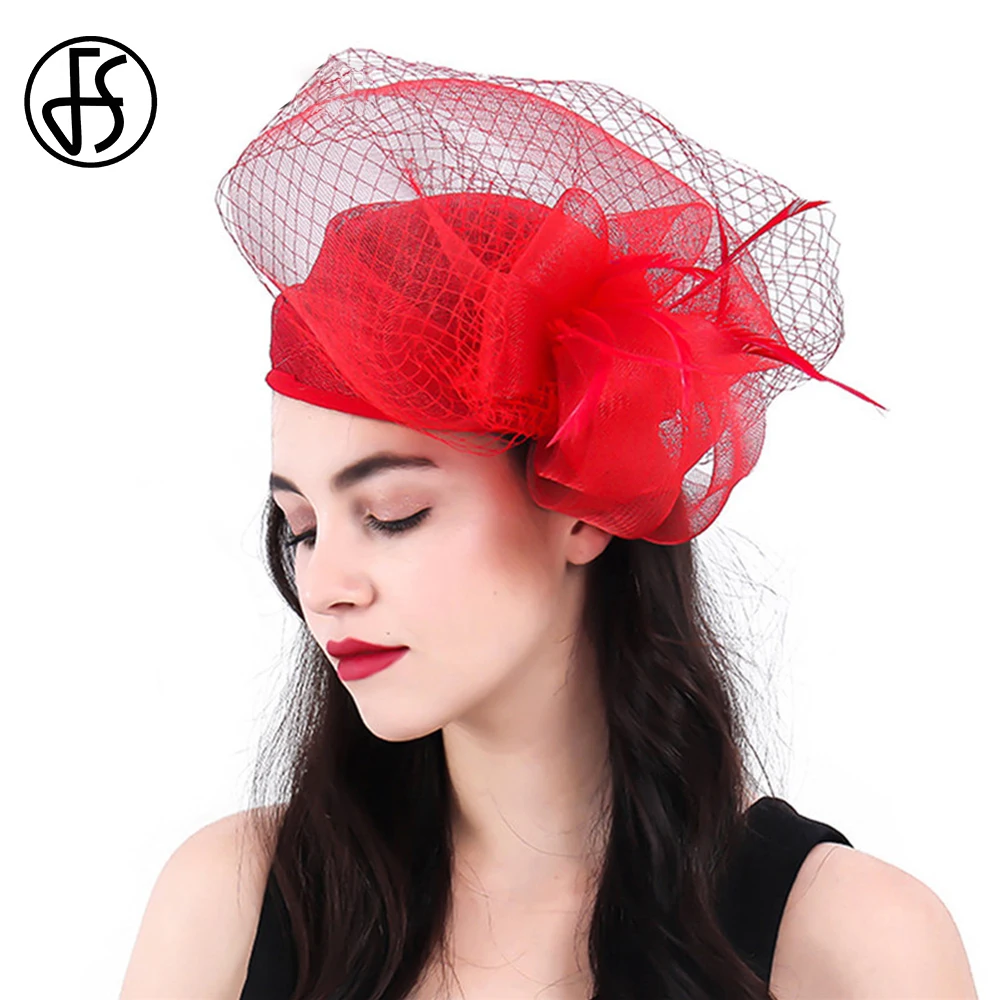 FS Bridal Wedding Red Hats Fascinators For Woman Church Cocktail Tea Party Sinamay Feather Veil Headdress Elegant Derby Cap 2024