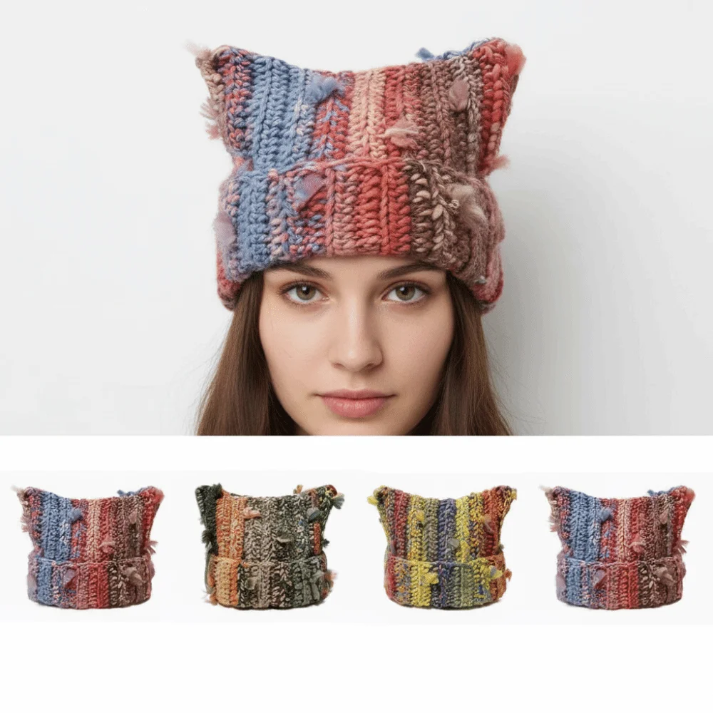 

Разноцветная шапка с кошачьими ушками, градиент цвета, полосатый узор, вязанная крючком шапочка, толстая линия, вязаная вручную, теплая защита ушей