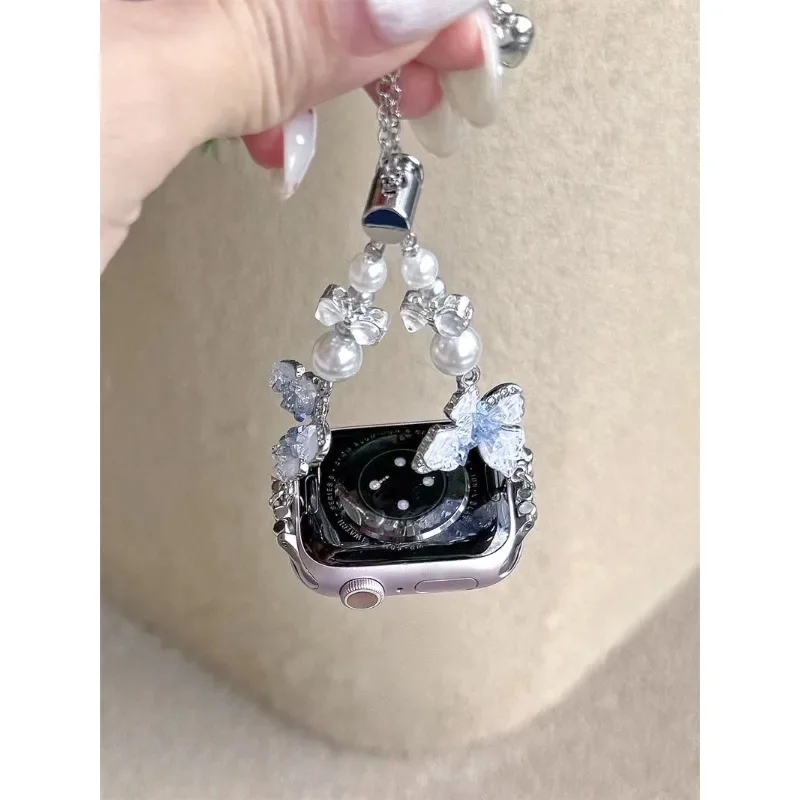 ガラス蝶パールブレスレット iWatch ストラップ 38 ミリメートル 40 ミリメートル 41 ミリメートル 42 ミリメートル 44 ミリメートル 45 ミリメートル 49 ミリメートルファッショナブルな手作りストラップと互換性