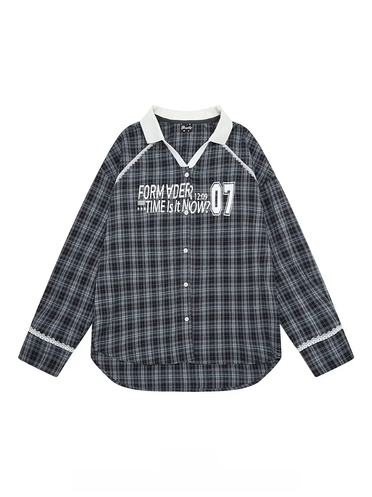 

Retro American Lazy Style Plaid Shirt Casual Shoulder Sleeve Turn-down Collar Unisex Early Spring College Style Versatile Cas...