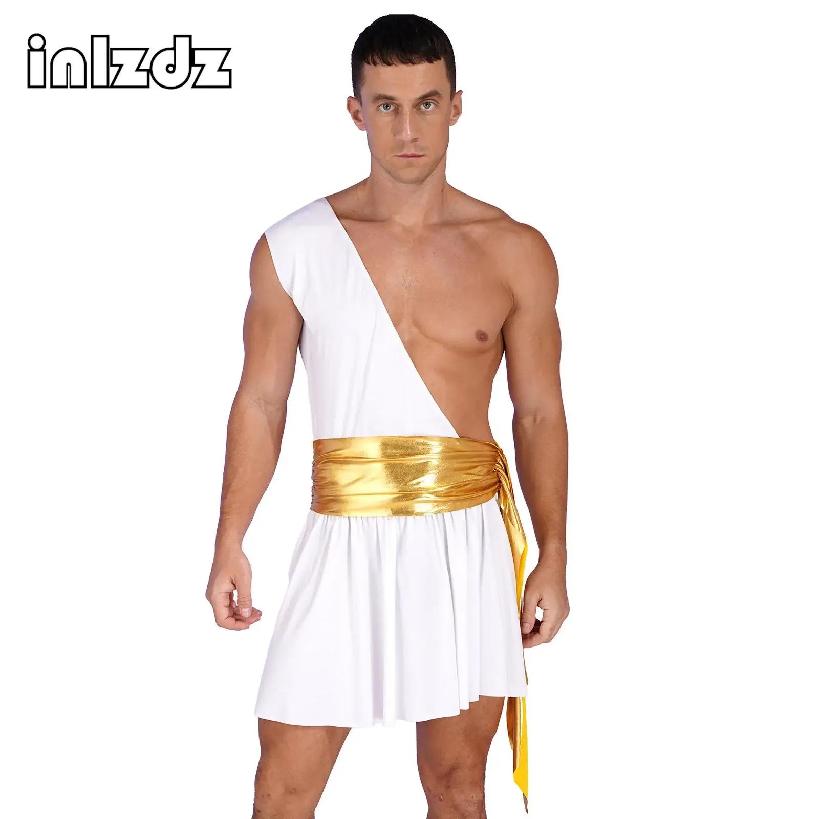 

Men Ancient Greek Toga God Gladiator Costumes Halloween Knight Warrior Role Play One Shoulder Ruffle Dress Fancy Dress Up Outfit