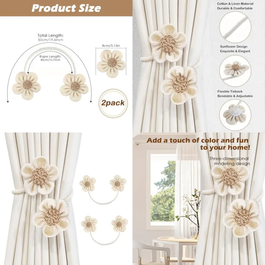 

2 Pack Sunflower Tieback Boho Simple Elegant DIY Holdbacks Accessories Wall Decoration for Home OfficeCream