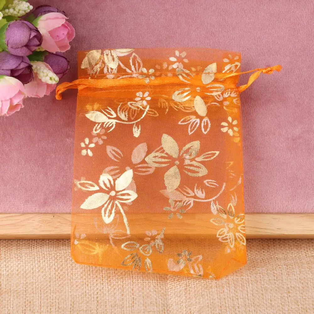 20pcs 9x12cm 10x15cm 13x18cm New Organza Jewelry Bag Gold Color Red Bauhinia Flower Bracelet Necklace Gift Pouch Packaging Bags