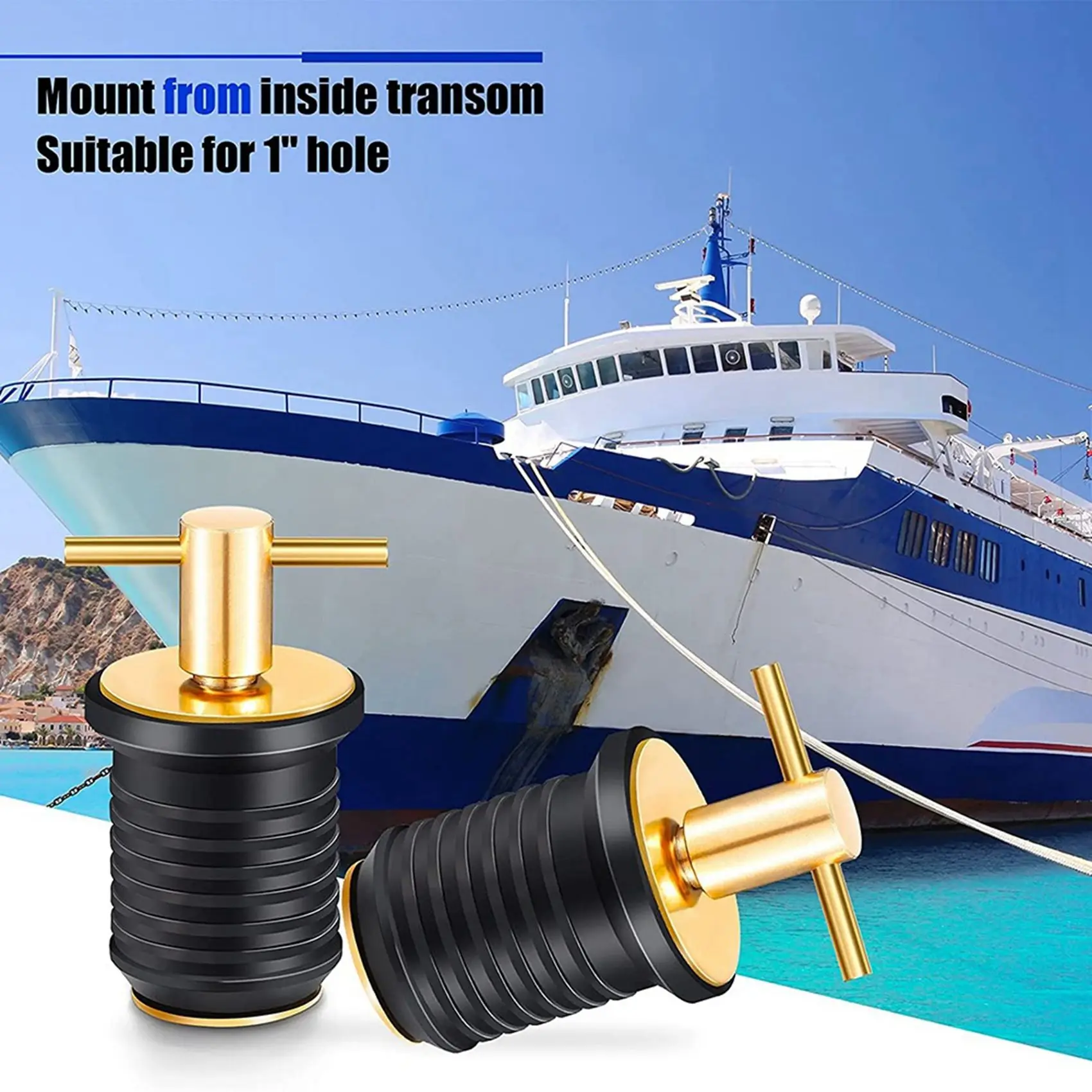 2 Pcs T-Handle Drain Plug Twist-Turn Marine Boat Drain Plugs Rubber Plugs with Brass Handle Boat Marine Accessories