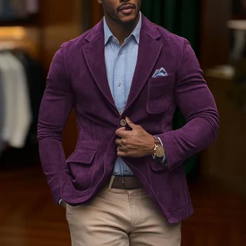 Men's Suede Brown Blazer Vintage Slim Fit Notched Lapel Formal Jacket High Quality Flap Pocket Sport Coat For Business Casual 7