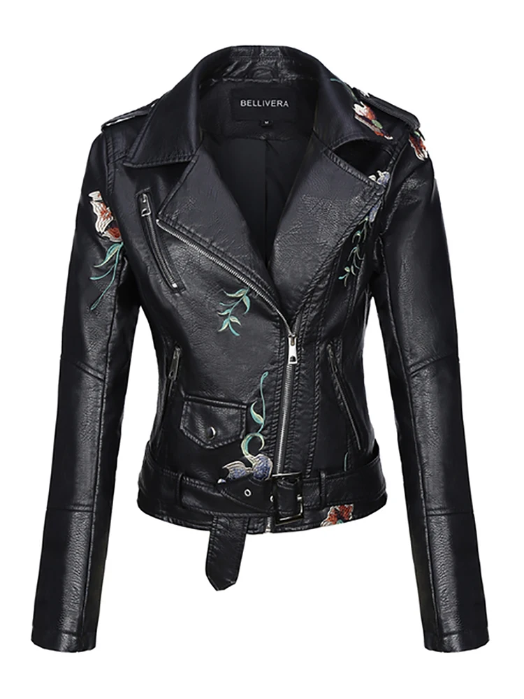 Giolshon – veste en cuir PU pour femme, broderie de fleurs d\'automne, col rabattu, vêtements d\'extérieur, fermeture éclair, manteaux de motard