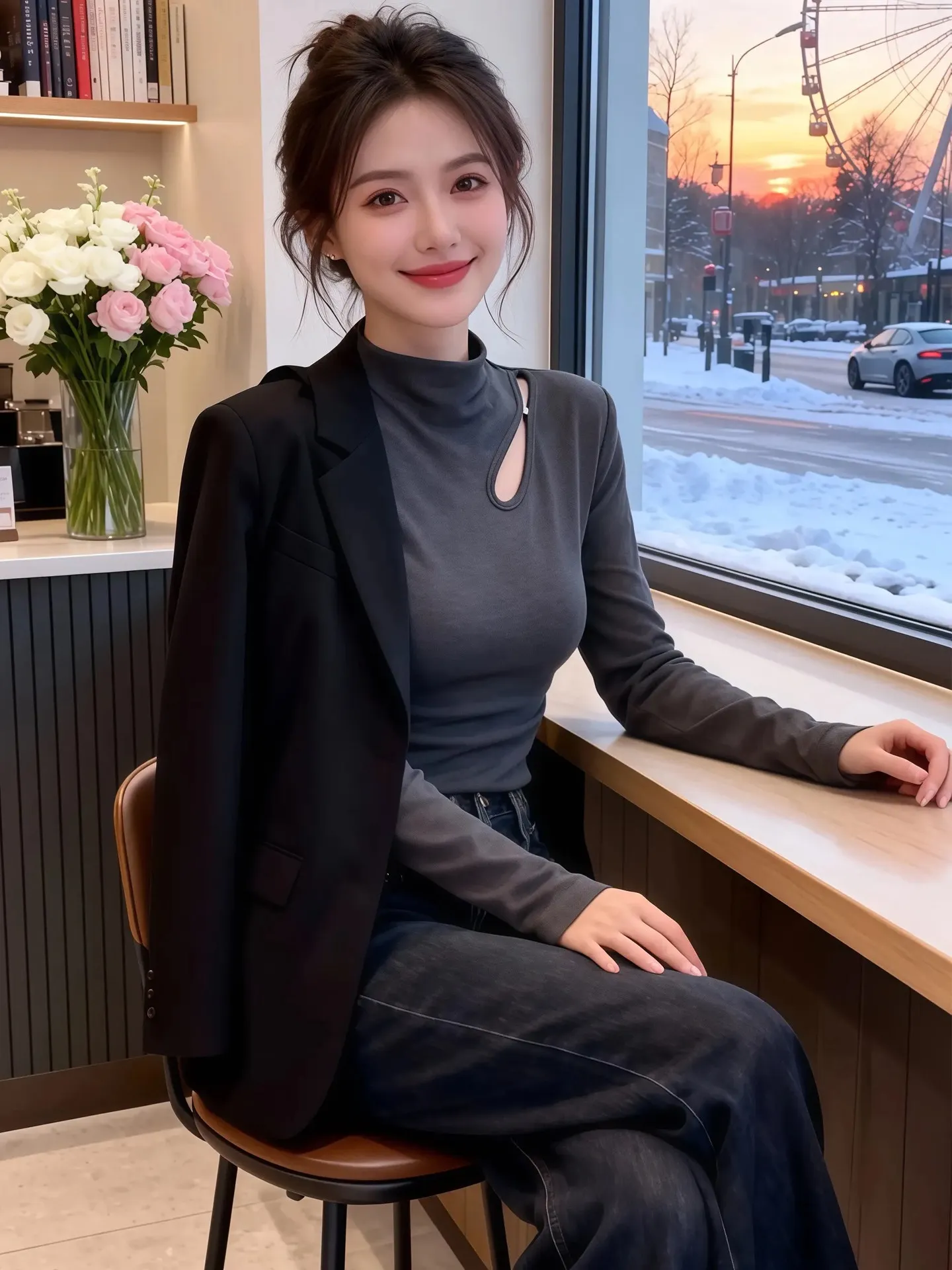 تي شيرت نسائي بقصة ضيقة طويلة Sve ملابس داخلية تصميم مفرغ عائم قاعدة بياقة عالية irt خريف وشتاء فايون