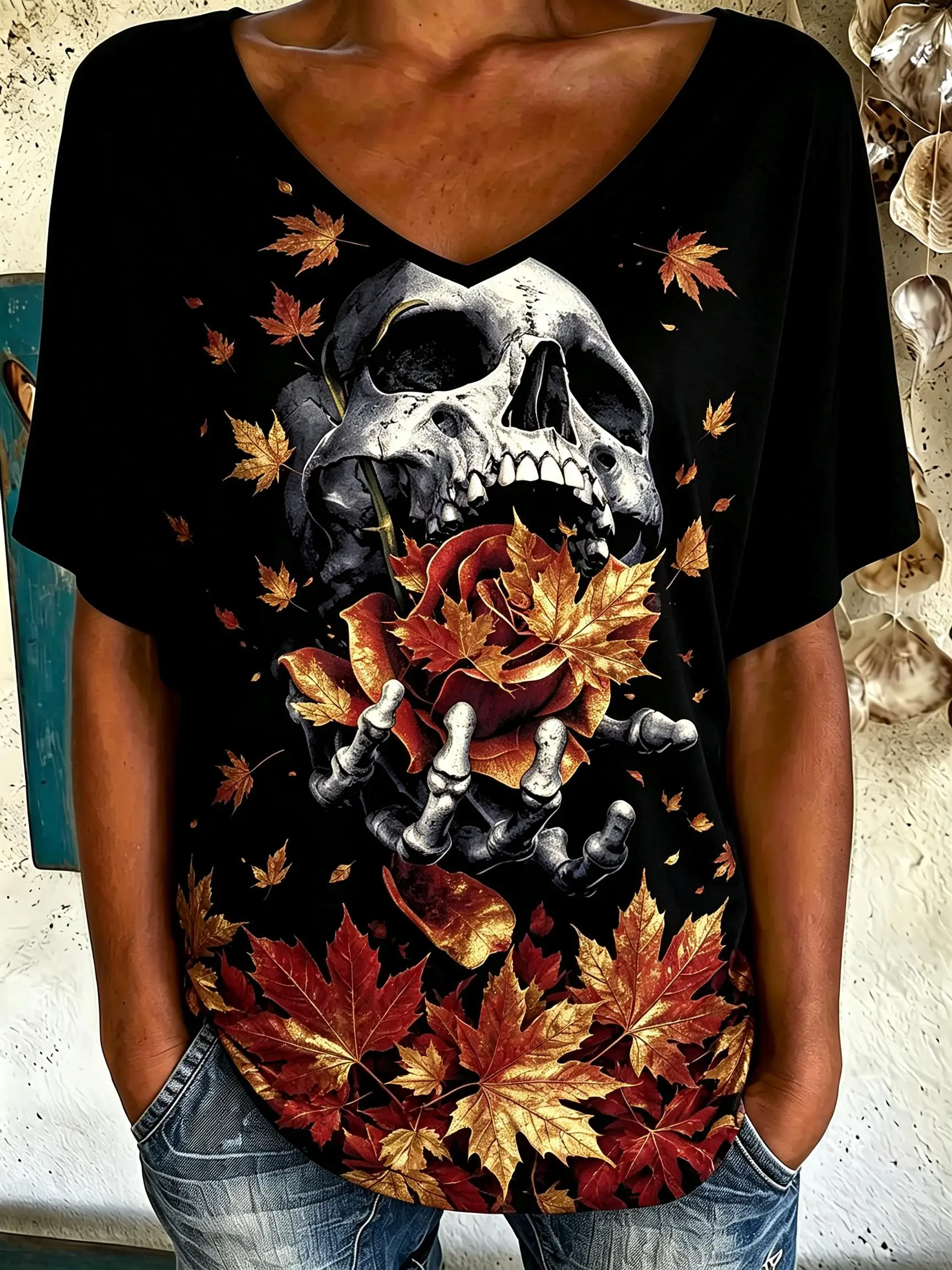 Women V‑Neck Short Sleeve T‑Shirt Gothic Skull Skeleton Hand Red Rose Maple Leaf Print Halloween Casual Loose Holiday Tops