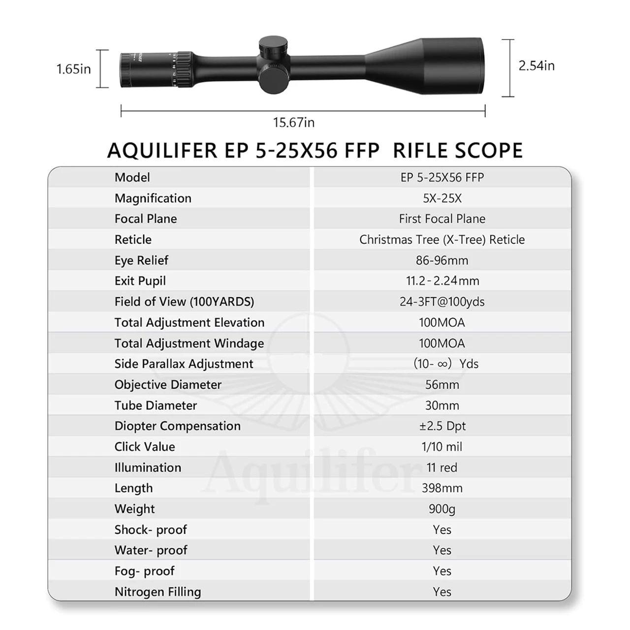 Aquilifer EP 5-25x56 FFP Rifle Scope, Christmas Tree Reticle, MIL Turrets, Side Focus, 11-Level Illumination, Waterproof Outdoor
