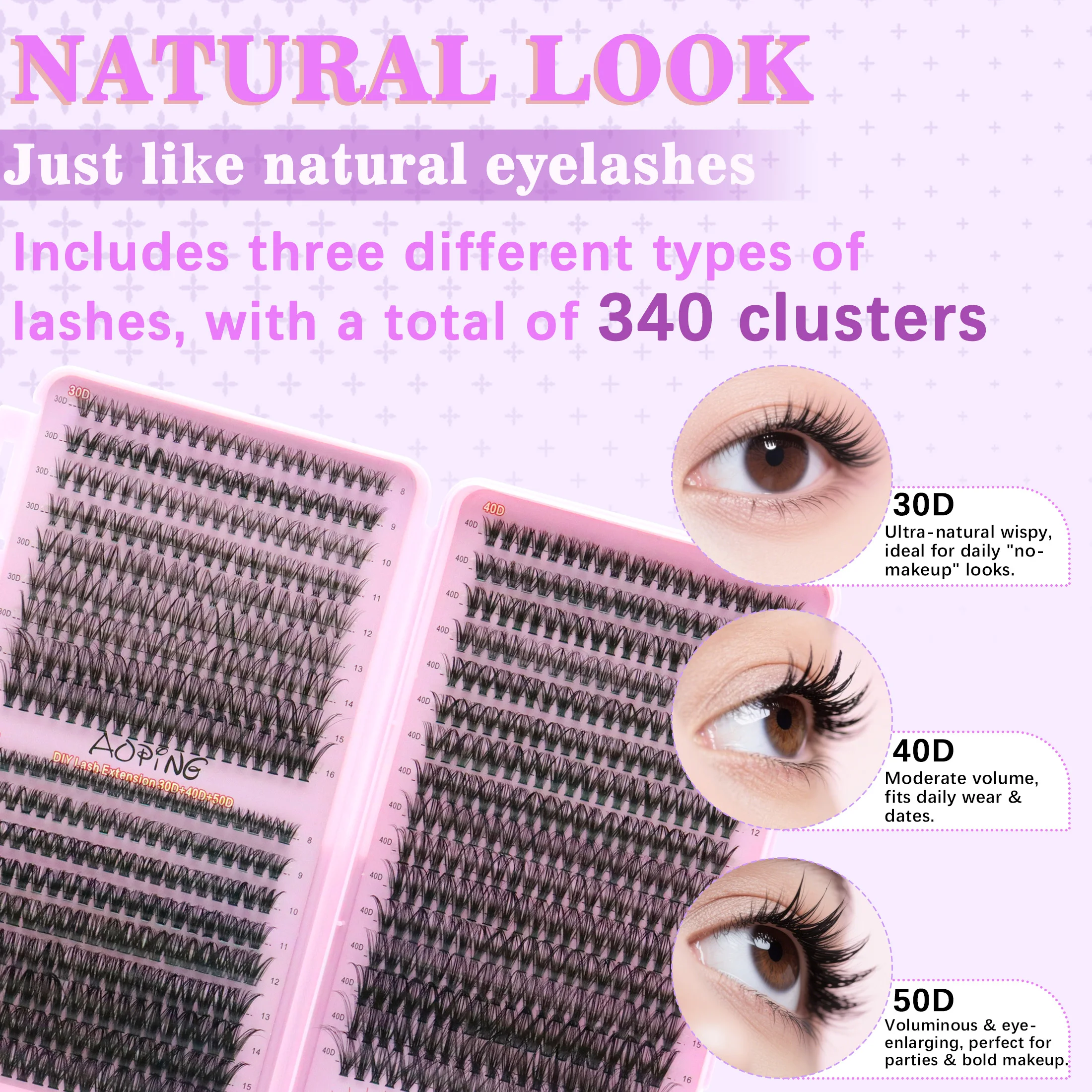 DIY False Eyelashes Set Large Capacity 30D40D50D Cluster Eyelash Book with Glue Remover Tweezers at Home Makeup Beginner Friendl