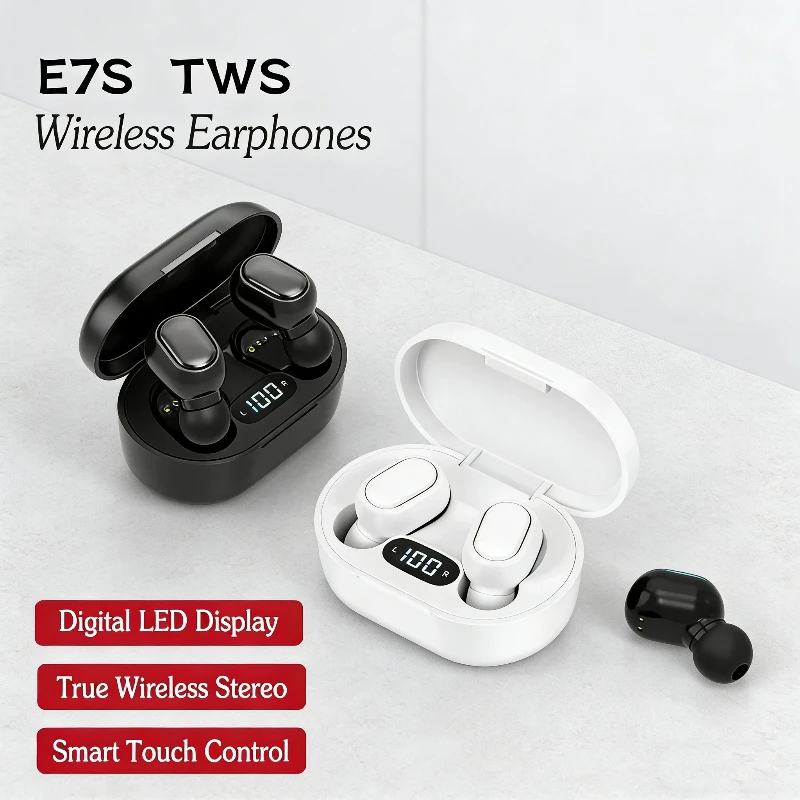 E7S TWS Fone Fones de ouvido Bluetooth 5.2 Fones de ouvido sem fio com cancelamento de ruído e microfone sem fio