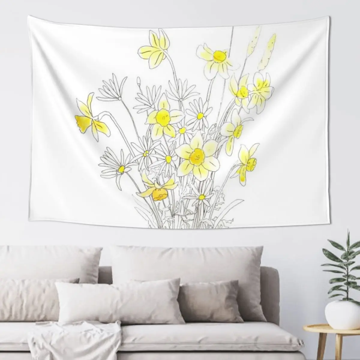 

white daisy and yellow daffodils ink and watercolor Tapestry Room Decor Cute Bedrooms Decorations Aesthetics For Room Tapestry