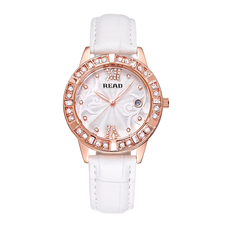 READ Women Analog Quartz Wrist Watch | Date Display | White Leather Strap | Daily Water Resistant Elegant Ladies Dress Watch