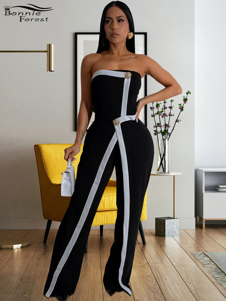 

Bonnie Forest женские комбинезоны с накидкой без бретелек с цветными блоками, цельная одежда, летние длинные брюки с пуговицами, комбинезоны, клубная одежда