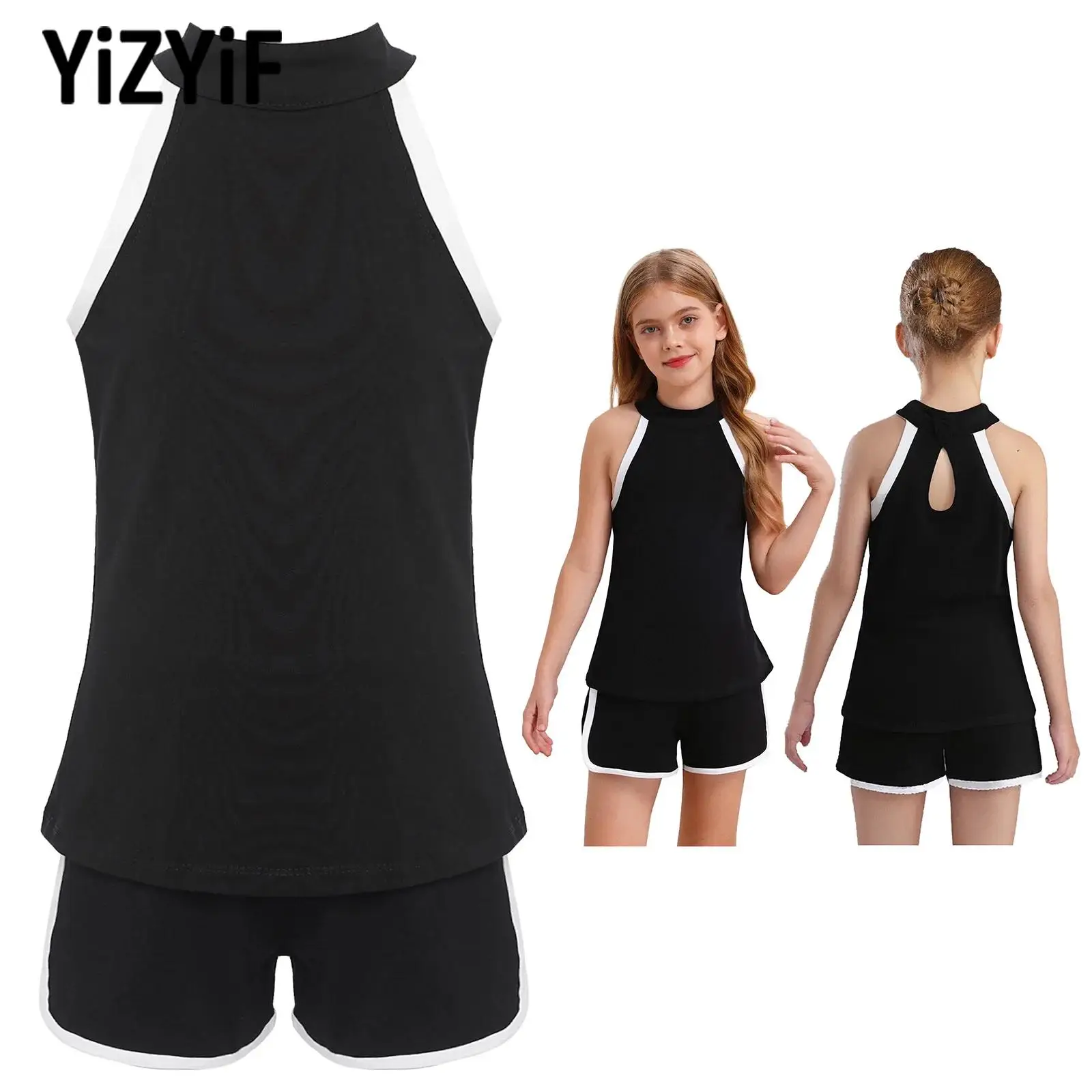 

Children Sleeveless Sports Set Kid Contrast Color Tracksuit Halter Neck T-shirt with Sides Slit Shorts for Girl Gym Yoga Clothes