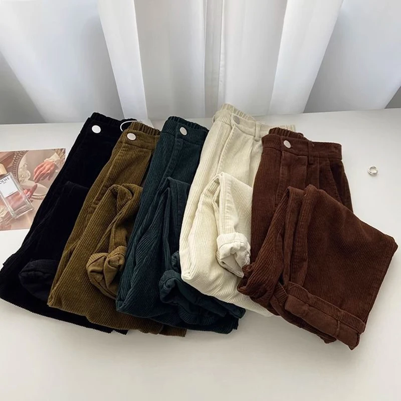 Retro High Waist Corduroy Pants Women Causal Korean Straight Trousers Baggy Pockets Solid Full Length Zipper Up All Match Pants