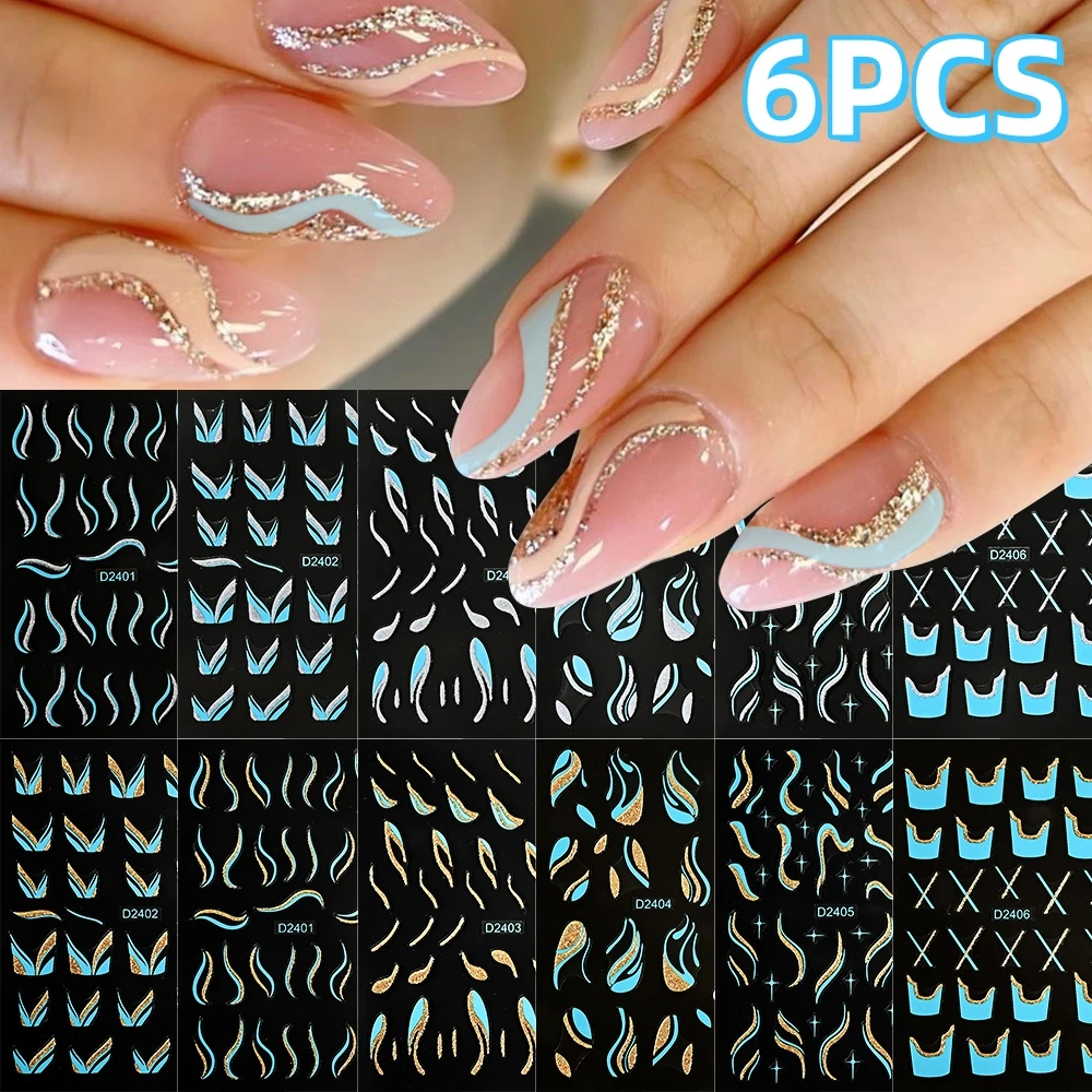 6 pçs 3d brilhante linha francesa adesivos de arte do prego azul ouro prata brilhante glitter auto-adesivo decalques de design francês para manicure diy