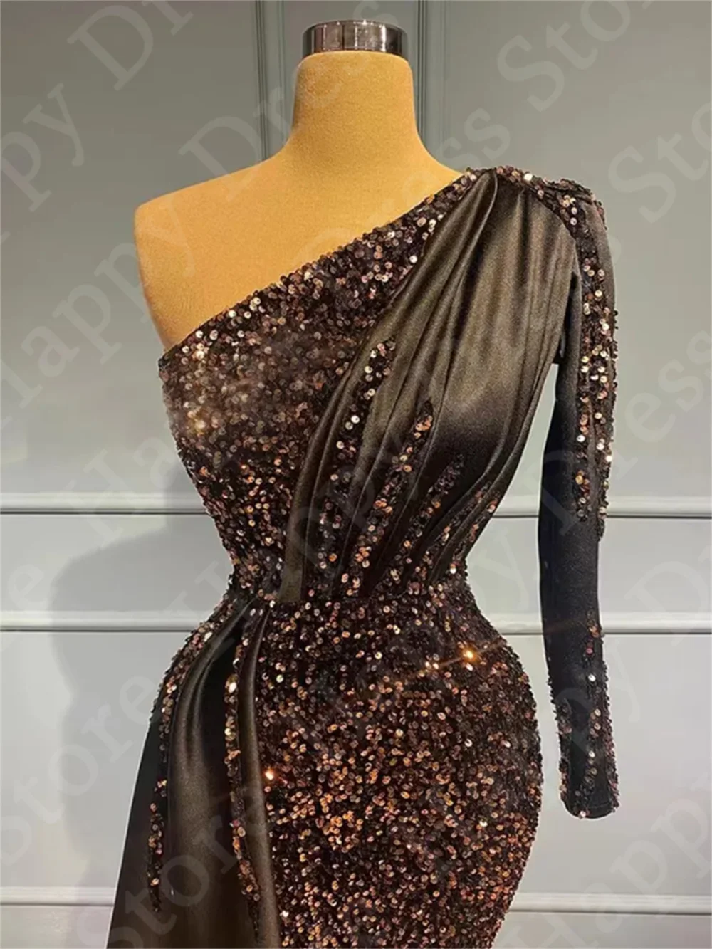 Unique Women Cocktail Dress Black Satin And Sequin One Shoulder Long Sleeves Pleats Party Dress Mermaid Fashion Evening Dress