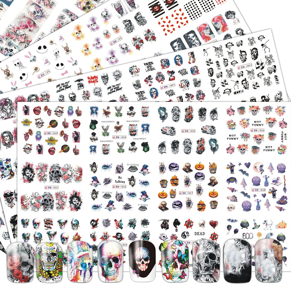 Nail Art Zombie - 12 Blatt verschiedene Halloween-Elemente, Totenkopf-Skelett, Clown,