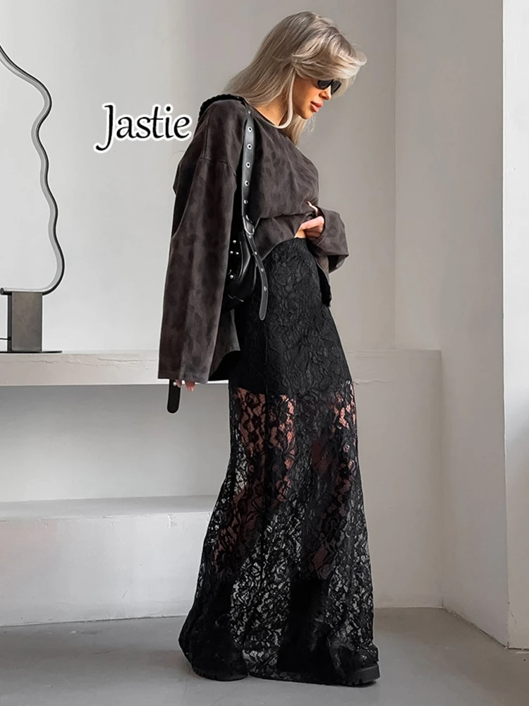 

Jastie Retro Black Floral Lace Skirt See-through Sexy Maxi Skirt 2024 Summer Street Fashion Commuter Skirts For Women Jupe