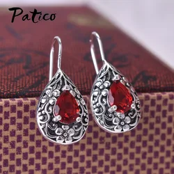 Hot Sale 100% Genuine 925 Sterling Silver Drop Earrings for Women Flower Dazzling Ruby Vintage Fine Silver Jewelry Gift