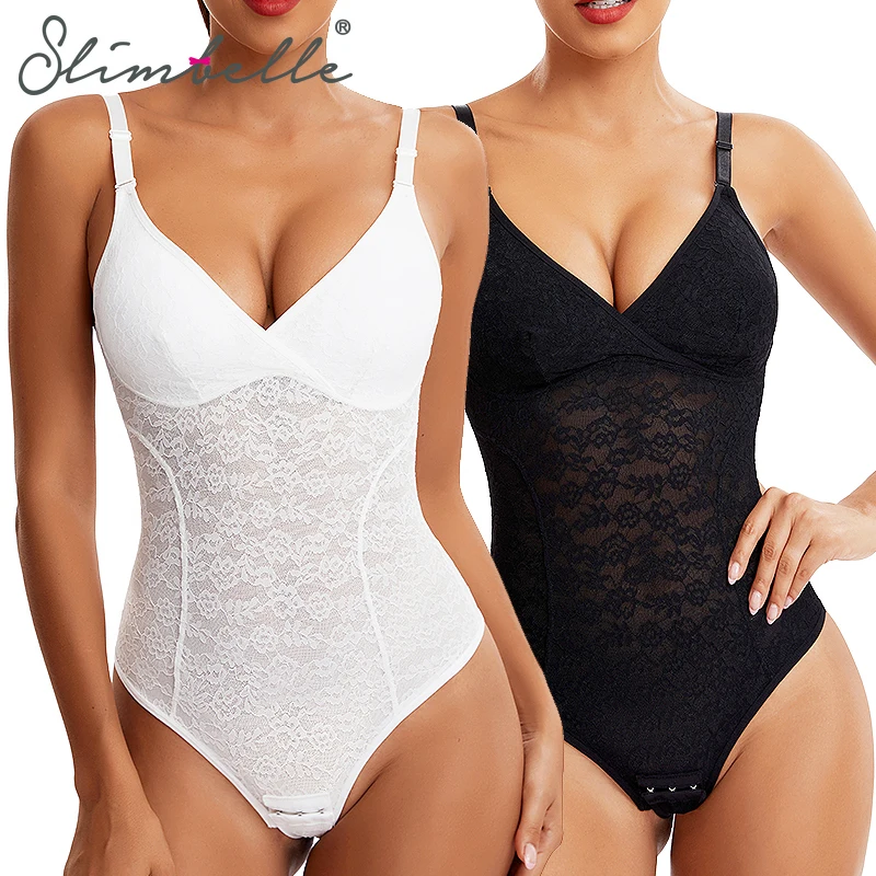 Women\'s Lace Bodysuits Tummy Control Shapewear Thong Built-in Bra Corset Tops Slimming Body Shaper Camisole Butt Lifter Jumpsuit