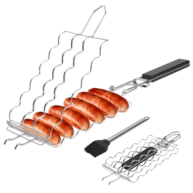 Hot dog barbecue basket with brush 6 sausage stainless steel barbecue mesh with removable heat-resistant wooden handle