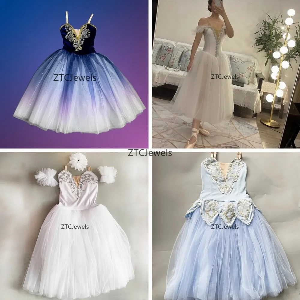 プロのバレエチュチュ衣装、花柄サスペンダー付き、女性、女の子向け、ロマンチックな白鳥の湖の妖精コスプレダンスウェア