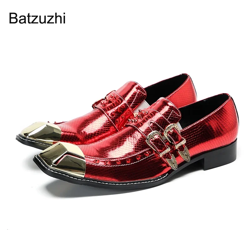 

Batzuzhi Fashion Gold Metal Toe Red Genuine Leather Dress Shoes for Men Rivets Rock Party and Wedding Shoes Man, Big EU38-46