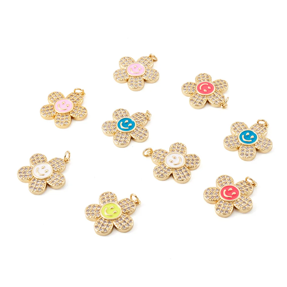 10Pcs Cubic Zirconia Pendants Crystal Flower Charms with Cute Smiling Face Pendant for Necklaces Earrings Making Accessories DIY