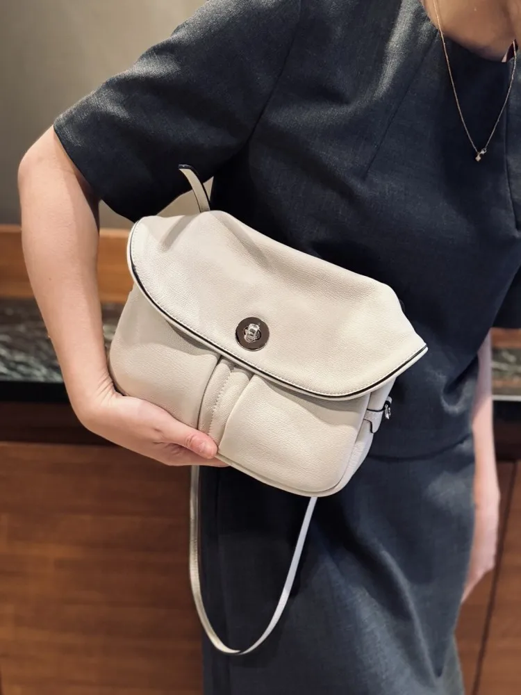 Office Ladies Soft Cowskin Genuine Leather Flap Bag Hasp Solid Color Casual Single Shoulder Handbag Women Casual Crossbody Bags
