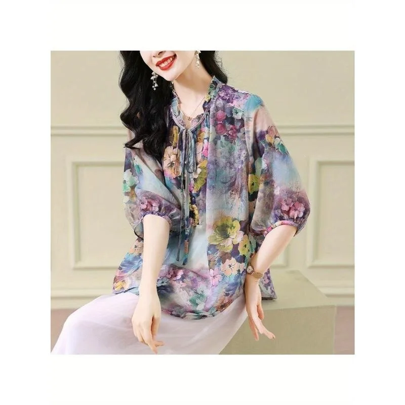 

Printed Chiffon Blouse Floral Snowflake Women's Shirt Princess Sleeveless Top Fashionable Comfortable Casual Spring 2026