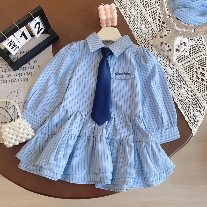 

Girls' Shirt Dress Spring and Autumn New Fashionable Children's Striped Long Sleeve Shirt Dress Comes with Tie