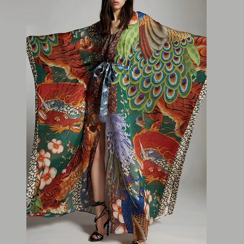 

Fashion Pattern Print Hollow Long Dress Elegant V-neck Cover Up Belted Robe Dress Women's Casual Batwing Sleeve Loose Maxi Dress