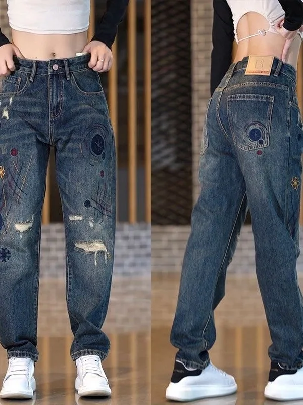 

Retro fiti Embroidered Loose Straight Leg Men's Jeans High Street Wide Leg Pants Casual Wear Comfortable Denim Fabric