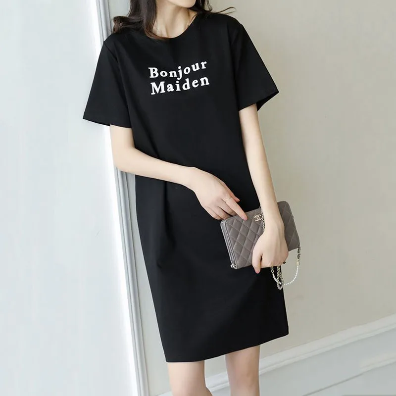 A Summer Loose Letter Print Korean-style, Fashionable, Simple and Casual Round-neck Dress for Pregnant Women