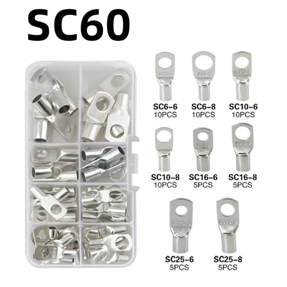 

60Pcs New SC Type Wire Nose Terminal Crimp SC16-6 SC25-6 SC35-6 Tinned Copper Cable Connector Kit 16-35mm2 Bolt Hole Lugs Ring