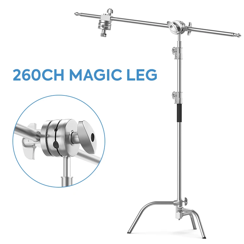 Silver Stainless Steel Tripod,High 8.5ft/260cm,Heavy Duty C-Stand Adjustable Light Stand With 3.5ft/107cm Boom Arm For Studio