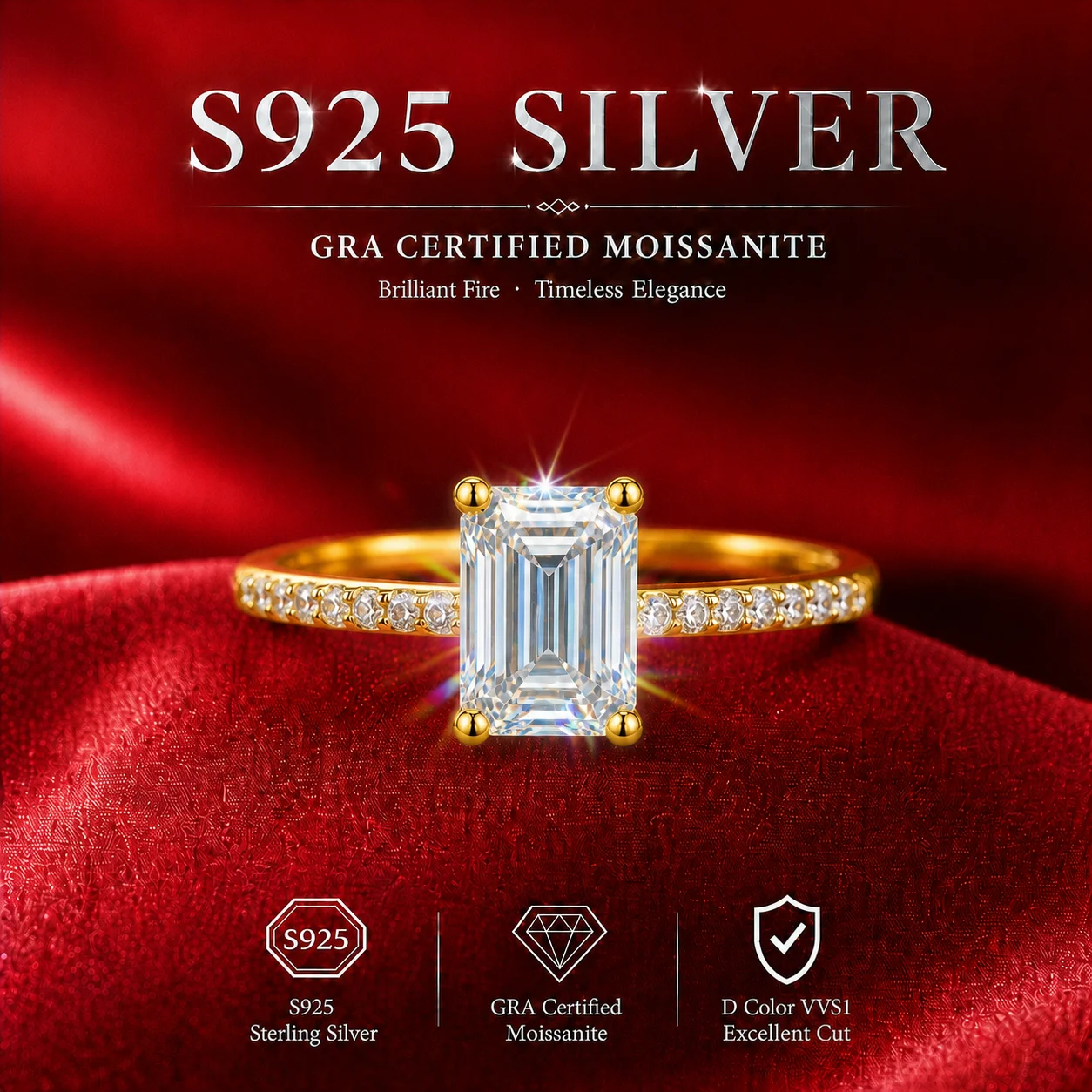 Adjustable 18K Gold Emerald Ring with Moissanite Gemstone S925 Sterling Silver Diamond Tester Approved Women's Sparkling Ring
