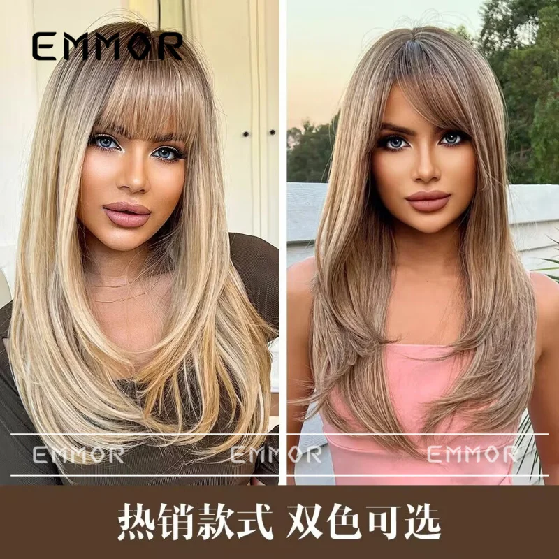 Women's Gradient Brown with Bangs Long Curly Hair Internet Celebrity Fashion Wig