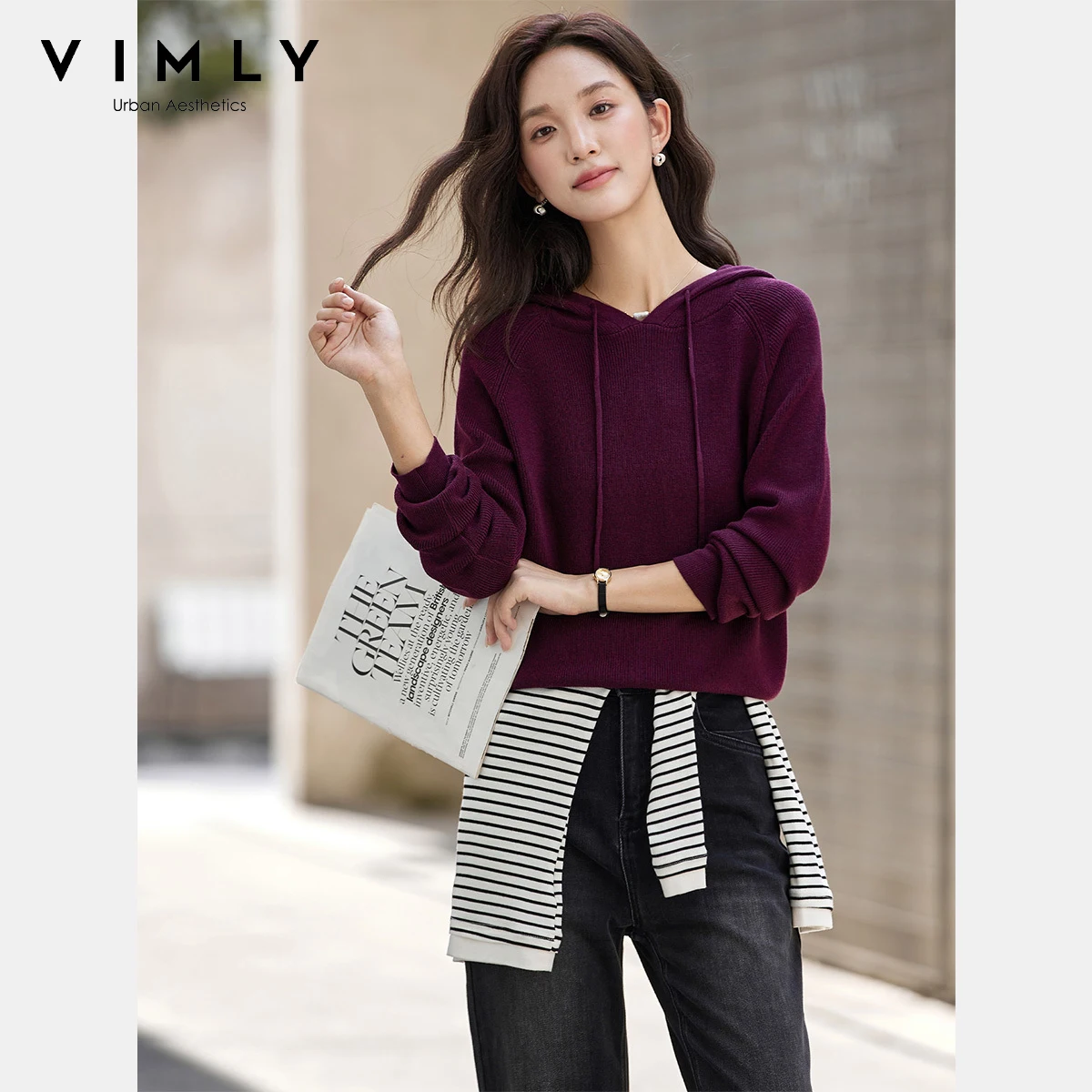

VIMLY женский фиолетовый джемпер с капюшоном, вязаный повседневный женский пуловер на шнурке, осень 2024, элегантный эластичный женский свитер 75093
