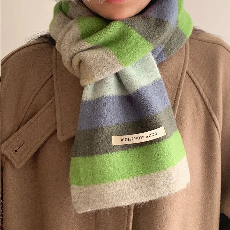 قوس قزح مخطط الموهير وشاح المرأة الشتاء نسخة اللون منعت مخطط الصوف وشاح قصير طالب وشاح قصير دافئ 4w979