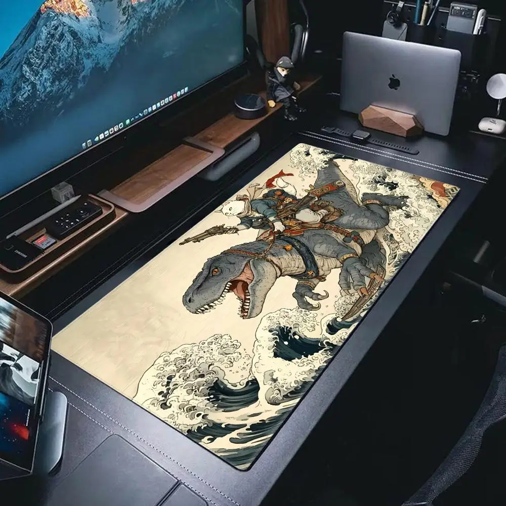 Samurai Cat Dinosaur Brave Mauspad, großes, rutschfestes PC-Schreibtischzubehör aus Gummi, HYBXAXC für Büro- und Gamer-Tastatur-Dekorationsmatte