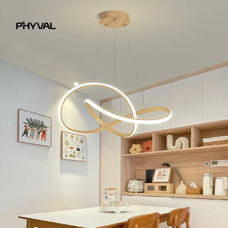 Nordic LED Pendant Lamp Anéis de grão de madeira Linha de alumínio suspensa Iluminação de escurecimento remoto para quarto principal e sala de estar