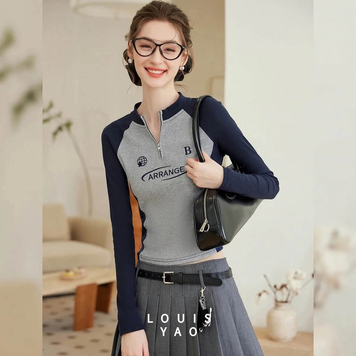LOUISYAO Contrast Color Embroidered T-Shirt Women 2025 Autumn Splicing Zipper Long Sleeve Micro Elastic Casual Tops
