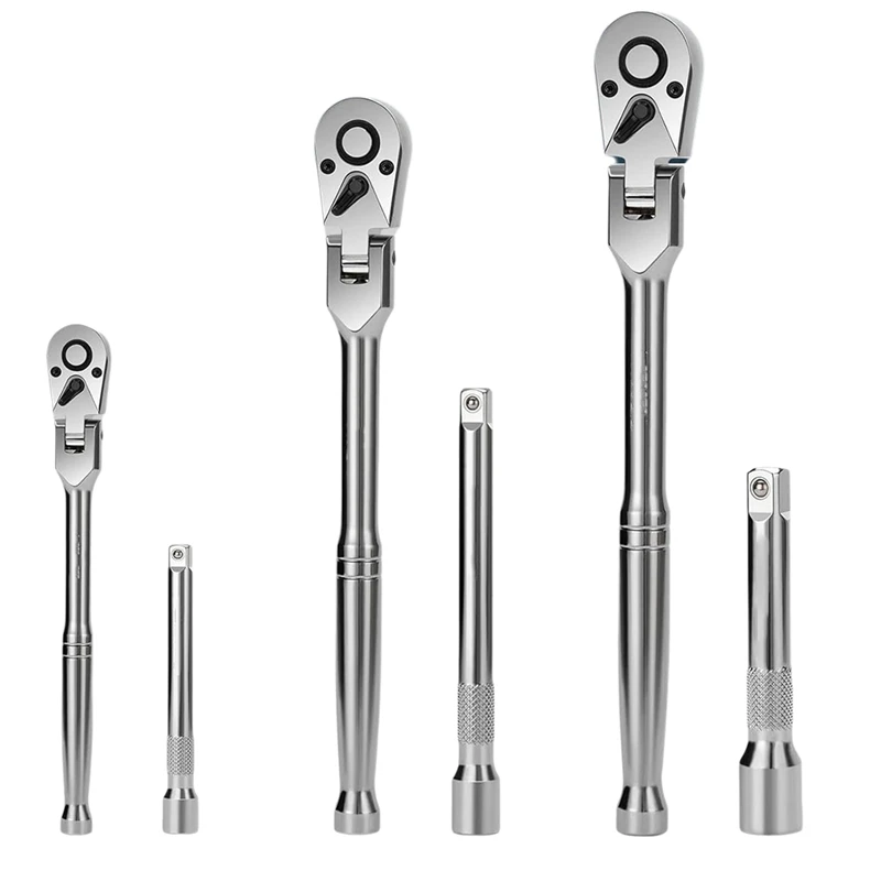 6Pcs Flex Head Ratchet Set 1/4" 3/8" 1/2" Drive 180° Adjustable Swivel Head Ratchet Wrench With Extension Bar 72 Tooth