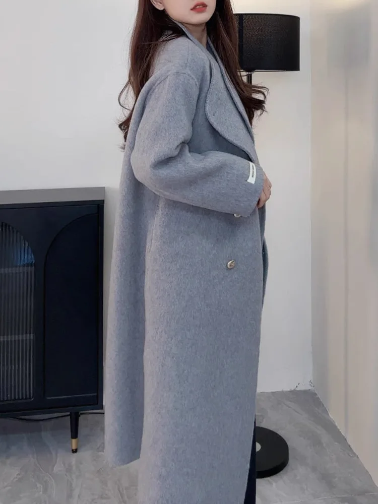 ZMEENNA 女性のロングウールコートエレガントな冬ラペルジャケットシックなアウターウェア暖かいダブルブレスト全身オーバーコート ZM3720