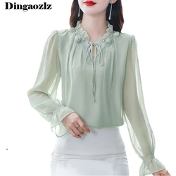 M-4XL New Spring Autumn 2024 Fashion Chiffon Blouse Petal Collar Long sleeved Casual Tops Elegant Bow tie Women Shirt