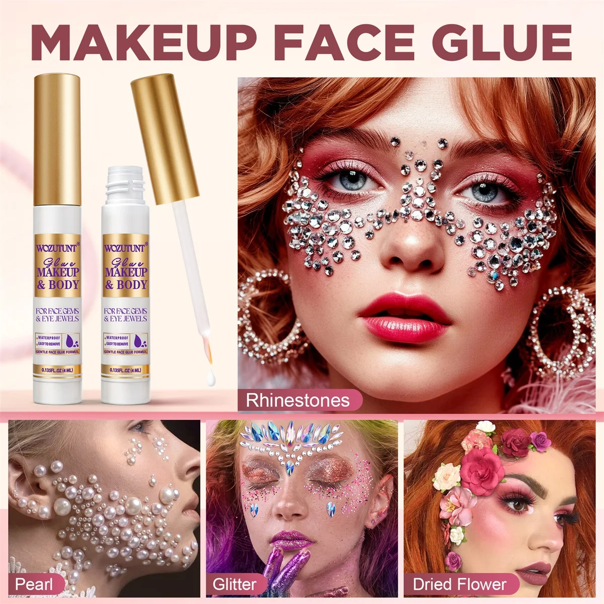 Face Makeup Glue for Rhinestones, Rhinestones Face Glue for Cosplay Makeup,Wig Eyelashes & Hair Gems, Gentle Skin Glue for Women