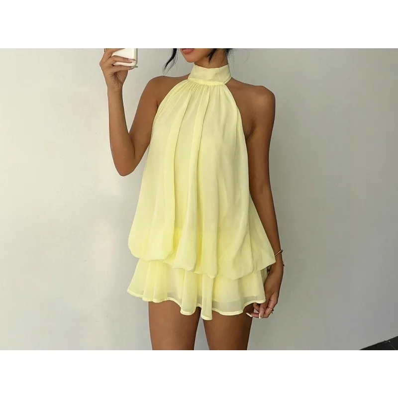

2025 solid color neck hanging shoulder summer seaside vacation spicy girl loose temperament fluffy skirt short dress